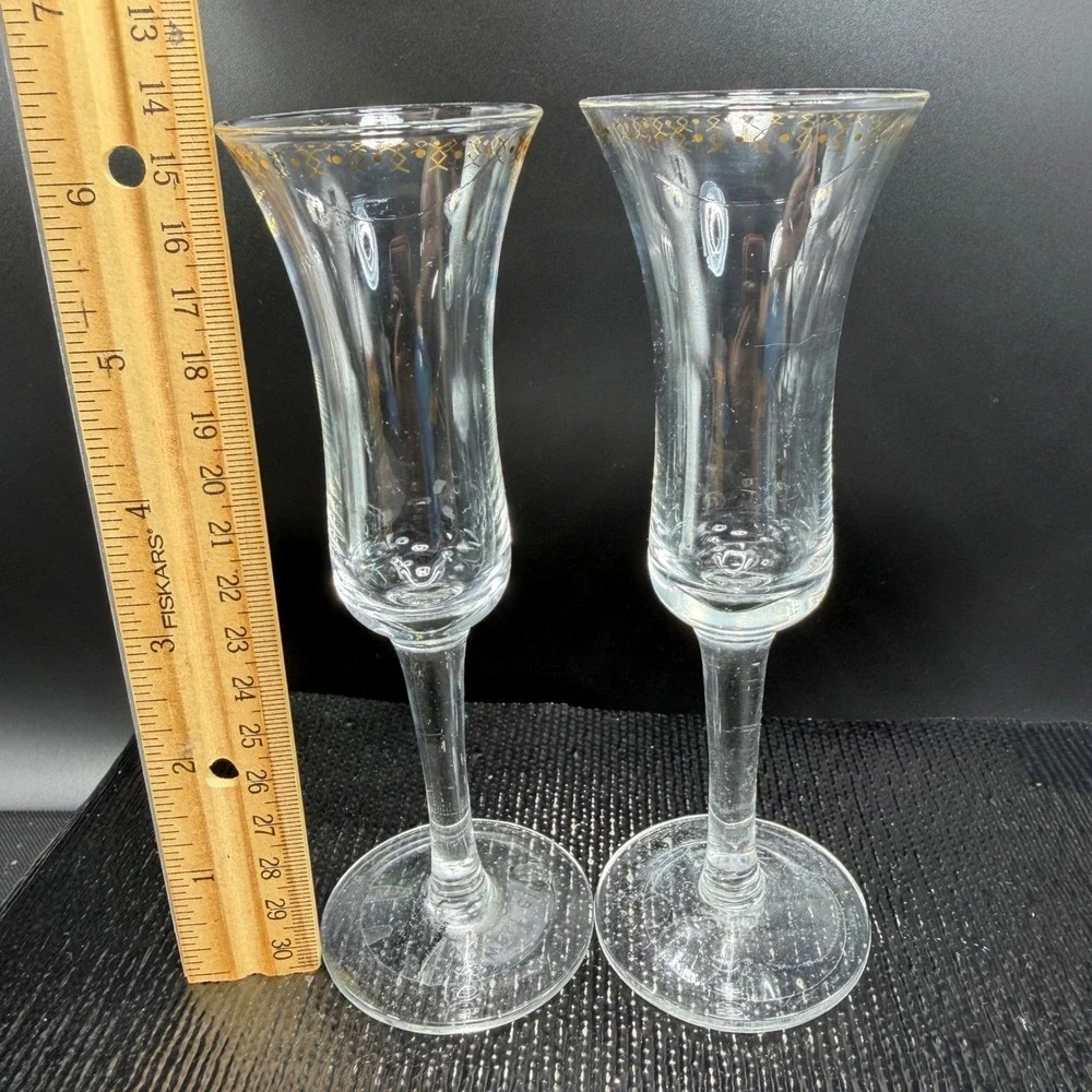 West Elm Gold Pattern Champagne Flutes Set of 2 Flared‎ Stemware Clear Glass VTG